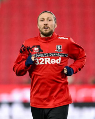 Middlesbrough 'dan Luke Ayling, 25 Şubat 2025' te Stoke City ile Middlesbrough arasındaki maç öncesinde oynanan maç öncesi ısınma maçında Stoke City, Bet365 Stadyumu, Stoke-on-Trent, İngiltere
