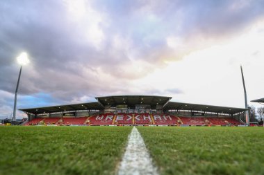 Wrexham 'ın Evi SToK Cae Ras' ın genel görünümü, 26 Şubat 2025 'te SToK Cae Ras, Wrexham, Birleşik Krallık' ta oynanan Vertu Yarı Finali Wrexham vs Peterborough United maçında