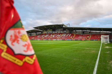 Wrexham 'ın Evi SToK Cae Ras' ın genel görünümü, 26 Şubat 2025 'te SToK Cae Ras, Wrexham, Birleşik Krallık' ta oynanan Vertu Yarı Finali Wrexham vs Peterborough United maçında