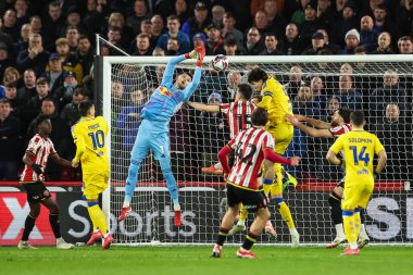 Leeds United takımından Illan Meslier, 24 Şubat 2025 'te İngiltere' nin Bramall Lane kentinde oynanan Sheffield United - Leeds United maçında haç iddiasında başarısız oldu.