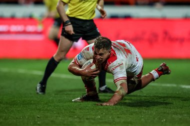 Hull KR 'dan Jai Whitbread, 27 Şubat 2025' te İngiltere 'nin Hull kenti Kingston' daki Sewell Group Craven Park 'ta oynanan Betfred Süper Lig 3. Hull KR, Salford Red Devils maçında bir deneme için sahaya çıkıyor.