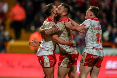 Hull KR 'dan Jai Whitbread, 27 Şubat 2025' te İngiltere 'nin Hull kenti Kingston' daki Sewell Group Craven Park 'ta oynanan 3. Hull KR-Salford Red Devils karşılaşmasında denemesini kutluyor.