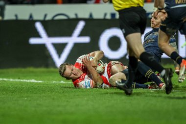 Hull KR 'dan Jez Litten, 27 Şubat 2025' te İngiltere 'nin Hull kenti Kingston' da Sewell Group Craven Park 'ta oynanan Betfred Süper Lig 3. Hull KR, Salford Red Devils maçında bir deneme için sahaya çıkıyor.