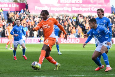 Blackpoolmakes takımından Niall Ennis, 1 Mart 2025 'te Stockport County' nin Edgeley Park Stadyumu 'nda oynanan Blackpool maçında topla bir ara verdi.