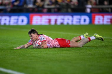 Leigh Leoparları 'ndan Keanan Brand 28 Şubat 2025' te Leigh Spor Köyü, Leigh, İngiltere 'de oynanan Betfred Süper Lig 3. tur maçında Leigh Leopards ve Catalans Dragons maçına gidiyor.