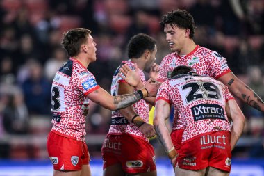 Leigh Leoparları 'ndan Keanan Brand, 28 Şubat 2025' te Leigh Spor Köyü 'nde oynanan Betfred Süper Lig 3. tur karşılaşmasında Leigh Leopards ve Catalans Dragons maçını kutluyor.