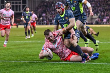 Leigh Leopards takımından Jack Hughes 28 Şubat 2025 'te Leigh Spor Köyü, Leigh, İngiltere' de oynanan Betfred Süper Lig 3. Raundunda Leigh Leopards ve Catalans Dragons maçına gidiyor.