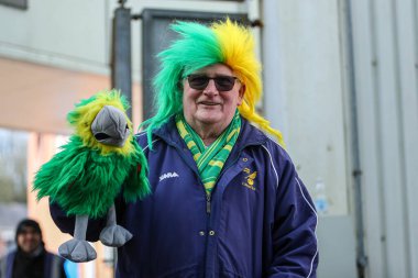 Norwich taraftarı peruk ve papağan, 1 Mart 2025 'te İngiltere' nin Blackburn kentinde Blackburn City 'de oynanan Blackburn Rovers - Norwich City maçından önce sahaya geldi.