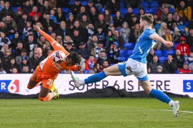Blackpool 'dan Niall Ennis, 1 Mart 2025' te Stockport County 'nin Edgeley Park Stadyumu' ndaki Blackpool maçında kaleye doğru ilerliyor.