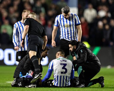 Sheffield Wednesday 'den Max Lowe, 28 Şubat 2025' te Sheffield Wednesday 'in Hillsborough, Sheffield, İngiltere' de Sunderland 'a karşı oynadığı Sky Bet Şampiyonası maçında tedavi görüyor.