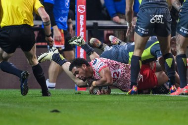 Leigh Leopards takımından Umyla Hanley 28 Şubat 2025 'te Leigh Spor Köyü, Leigh, İngiltere' de oynanan Betfred Süper Lig 3. tur maçında Leigh Leopards ve Catalans Dragons maçına gidiyor.