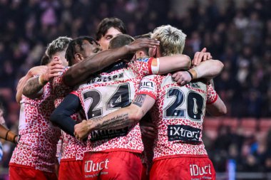 Leigh Leoparları 'ndan Ethan O' neill 28 Şubat 2025 'te Leigh Spor Köyü' nde oynanan Betfred Süper Lig 3. tur karşılaşmasında Leigh Leopards ve Catalans Dragons maçını kutluyor.