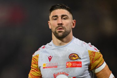 Katalan Ejderhaları 'ndan Tommy Makinson, 28 Şubat 2025' te Leigh Spor Köyü, Leigh, İngiltere 'de oynanan Betfred Süper Lig 3. tur karşılaşmasında Leigh Leopards ve Catalans Dragons maçının öncesinde ısınma turunda.