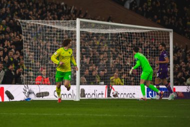 Norwich City 'den Josh Sargent, Norwich Road, Norwich, İngiltere' de oynanan ve 7 Mart 2025 tarihinde oynanan Sky Bet Şampiyonası maçında golünü kutluyor.