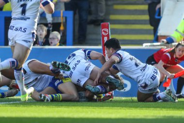 Warrington Wolves takımından Arron Lindop, 9 Mart 2025 'te Warrington, İngiltere' deki Halliwell Jones Stadyumu 'nda oynanan 4-0 Betfred Süper Lig karşılaşmasında skoru eşitledi.