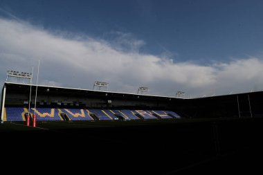 Warrington Wolves 'un evindeki Halliwell Jones Stadyumu' nun genel görünümü, 9 Mart 2025 'te Warrington, Warrington' da oynanan Betfred Süper Lig 4. raundunun önünde Warrington Wolves vs Wakefield Trinity maçı ile karşı karşıya.