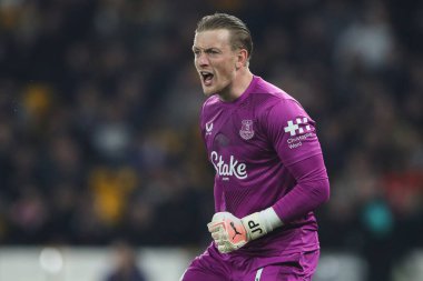 Everton 'dan Jordan Pickford Premier League maçında takım arkadaşlarına talimatlar veriyor Wolverhampton Wanderers Everton' a karşı Molineux, Wolverhampton, İngiltere, 8 Mart 2025