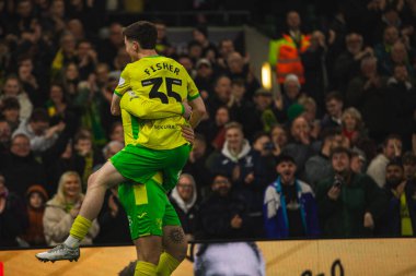 Norwich City 'den Josh Sargent, Norwich City' den Kellen Fisher ile birlikte 7 Mart 2025 'te Norwich City, Norwich City ve Oxford United maçında golünü kutluyor.