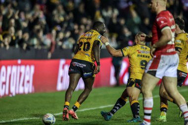 Castleford Tigers 'dan Muizz Mustapha, 7 Mart 2025' te İngiltere 'nin Castleford kentinde oynanan Betfred Süper Lig 4. Raundunda Castleford Tigers - Salford Red Devils maçında denemesini kutluyor.