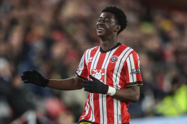 Sheffield United takımından Jesuran Rak-Sakyi, 11 Mart 2025 'te İngiltere' nin Bramall Lane kentinde oynanan Sheffield United-Bristol maçında tepki gösterdi.