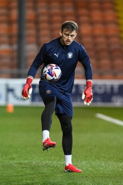 Blackpool 'dan Harry Tyrer 11 Mart 2025' te Bloomfield Road, Blackpool 'da oynanan Blackpool-Cambridge United maçının öncesinde oynanan maç öncesi ısınma maçında...