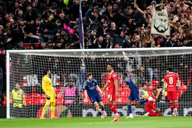 Paris 'ten Ousmane Dembele, UEFA Şampiyonlar Ligi' nde 11 Mart 2025 'te Anfield, Liverpool' da Liverpool 'a karşı Paris Saint-Germain maçında 0-1 kazanma golünü kutluyor.