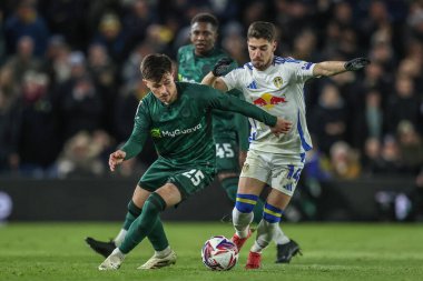 Millwall 'dan Luke Cundle ve Leeds United' tan Malikane Solomon 12 Mart 2025 'te Leeds Road, Leeds, İngiltere' de oynanan Sky Bet Şampiyonası maçında top için mücadele ettiler.