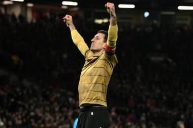 Real Sociedad 'dan Mikel Oyarzabal, 13 Mart 2025' te Old Trafford, Manchester, Birleşik Krallık 'ta oynanan UEFA Avrupa Ligi son 16 maçında 0-1 kazanma hedefini kutluyor.