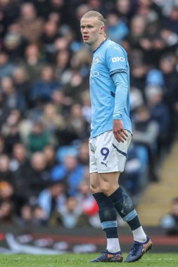 Manchester City 'den Erling Haaland Premier League maçı sırasında Manchester City, Etihad Stadyumu' nda Brighton ve Hove Albion 'a karşı, 15 Mart 2025