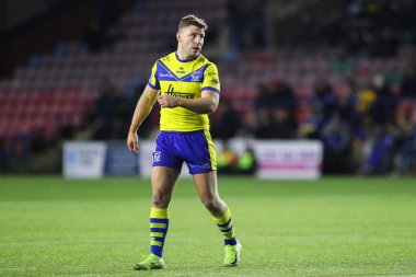 Warrington Wolves takımından George Williams, 15 Mart 2025 'te İngiltere' nin Widnes şehrinde oynanan Betfred Challenge Kupası karşılaşmasında Widnes Vikings vs Warrington Wolves 'a karşı.