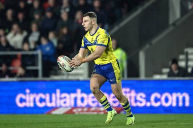 Warrington Wolves takımından George Williams, Betfred Süper Lig 5. Raundunda St Helens 'e karşı Warrington Wolves maçında topla birlikte, St Helens, St Helens, İngiltere, 21 Mart 2025