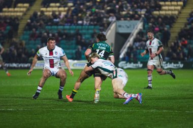James Ramm, 21 Mart 2025 'te Franklin' s Gardens, Northampton 'daki Cinch Stadyumu' nda Gallagher Premiership maçında Ollie Hassell-Collins 'e karşı Northampton Saints - Leicester Tigers maçında yenildi.