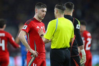 Galler 'den Ben Davies ve Hakem Donatas Rumas FIFA Dünya Kupası elemeleri Grubu J Grubu karşılaşmasında Cardiff City Stadyumu, Cardiff, Birleşik Krallık' ta Galler - Kazakistan maçı, 22 Mart 2025