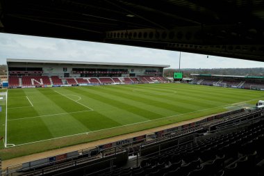 Sixfields Stadyumu, 22 Mart 2025 tarihinde İngiltere 'nin Northampton şehrindeki Sixfields Stadyumu' nda oynanan Northampton Town-Blackpool maçından önceki maçın genel görüntüsü.