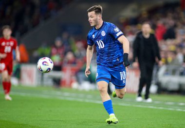 Kazakistan 'dan Maxim Samorodov FIFA Dünya Kupası elemeleri sırasında J Grubu Cardiff City Stadyumu' nda Galler - Kazakistan maçında, 22 Mart 2025