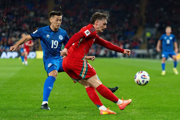 Galler 'den Connor Roberts, FIFA Dünya Kupası elemeleri J Grubu karşılaşmasında Cardiff City Stadyumu' nda Galler - Kazakistan maçında topu temizliyor, 22 Mart 2025