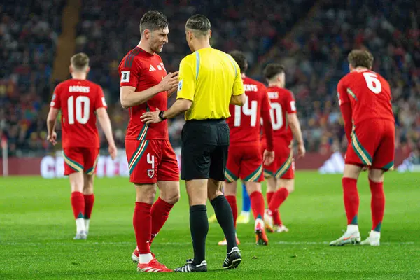 Galler 'den Ben Davies ve Hakem Donatas Rumas FIFA Dünya Kupası elemeleri Grubu J Grubu karşılaşmasında Cardiff City Stadyumu, Cardiff, Birleşik Krallık' ta Galler - Kazakistan maçı, 22 Mart 2025
