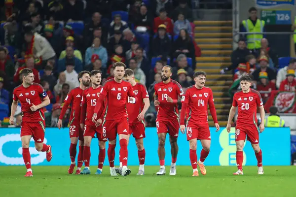 Galler 'den Dan James, 22 Mart 2025' te Cardiff City Stadyumu 'nda oynanan ve Galler' e karşı Galler Dünya Kupası eleme maçında takımının ilk golünü atmasını kutluyor.