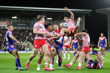 Leigh Leopards 'dan David Armstrong, 28 Mart 2025' te Leigh Spor Köyü 'nde Leigh Leopards vs Wakefield Trinity maçında yüksek topu yakaladı.