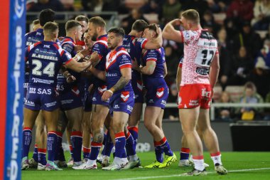 Wakefield Trinity 'den Olly Russell, 28 Mart 2025' te Leigh Spor Köyü, Leigh, Birleşik Krallık 'ta oynanan Betfred Süper Lig 6' ncı Raundda Leigh Leopards - Wakefield Trinity maçında 0-4 'lük galibiyetini kutluyor.