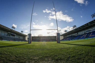 Halliwell Jones Stadyumu 'nun Betfred Süper Lig 6. Maçı sırasında Halliwell Jones Stadyumu' nda Warrington Wolves - Leeds Rhinos maçının genel görüntüsü, 28 Mart 2025