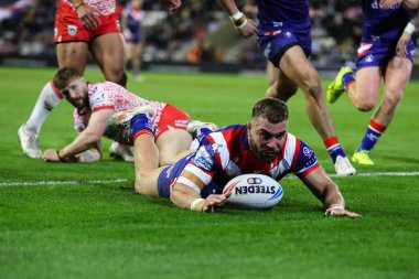 Wakefield Trinity 'den Mike McMeeken, 28 Mart 2025' te Leigh Spor Köyü 'nde oynanan Betfred Süper Lig 6. Raundunda skoru 10-16 yaptı.