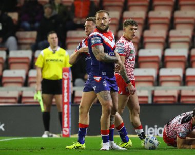 Wakefield Trinity 'den Olly Russell, 28 Mart 2025' te Leigh Spor Köyü, Leigh, Birleşik Krallık 'ta oynanan Betfred Süper Lig 6' ncı Raundda Leigh Leopards - Wakefield Trinity maçında 0-4 'lük galibiyetini kutluyor.