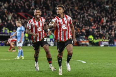 Sheffield United takımından Rhian Brewster, 28 Mart 2025 'te Bramall Lane, Sheffield, İngiltere' de oynanan Sky Bet Şampiyonası maçında 3-0 'lık galibiyet golünü kutluyor.