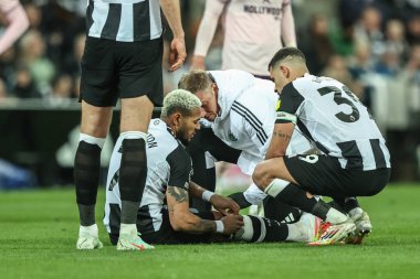 Newcastle United takımından Joelinton, Premier League maçı sırasında St.James 's Park, Newcastle, İngiltere' de oynanan Newcastle United maçında tedavi gördü.