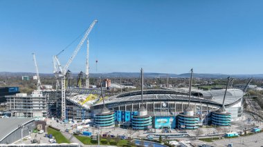 Premier Lig maçında Etihad Stadyumu 'nun ve inşaatın hava görüntüsü Manchester City ile Leicester City arasında 2 Nisan 2025' te Etihad Stadyumu 'nda gerçekleşti.
