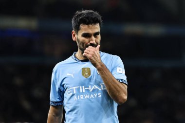 Manchester City ile Leicester City arasındaki Premier League maçı sırasında Manchester City 'den lkay Gndoan, Etihad Stadyumu, İngiltere, 2 Nisan 2025