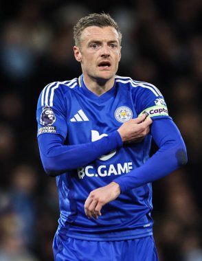 Leicester City 'den Jamie Vardy Premier League maçı sırasında Manchester City, Etihad Stadyumu' nda Leicester City 'e karşı, 2 Nisan 2025