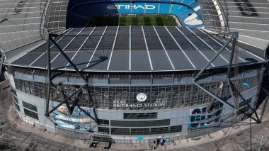 Premier Lig maçında Etihad Stadyumu 'nun havadan görünüşü Manchester City ile Leicester City' nin Etihad Stadyumu 'nda 2 Nisan 2025