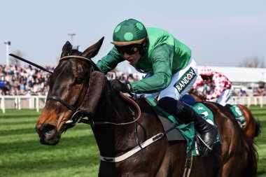 Paul Townend 'in sürdüğü Impaire et Passe, 3 Nisan 2025' te Aintree Yarış Pisti 'nde Randox Grand National 2025 1. Açılış Günü' nde liderliğe koşuyor.